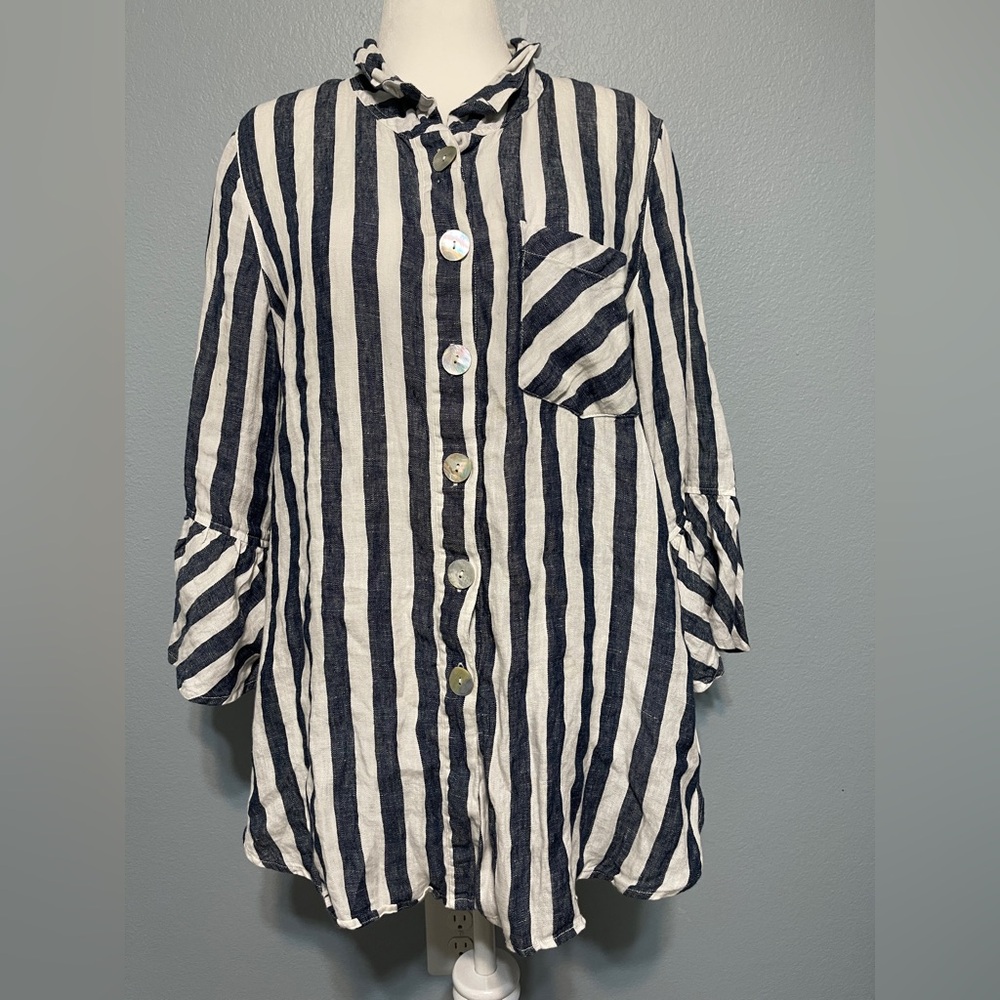 John Mark 100% Linen Striped Tunic Top Blue White Artsy Boho Lagenlook Large